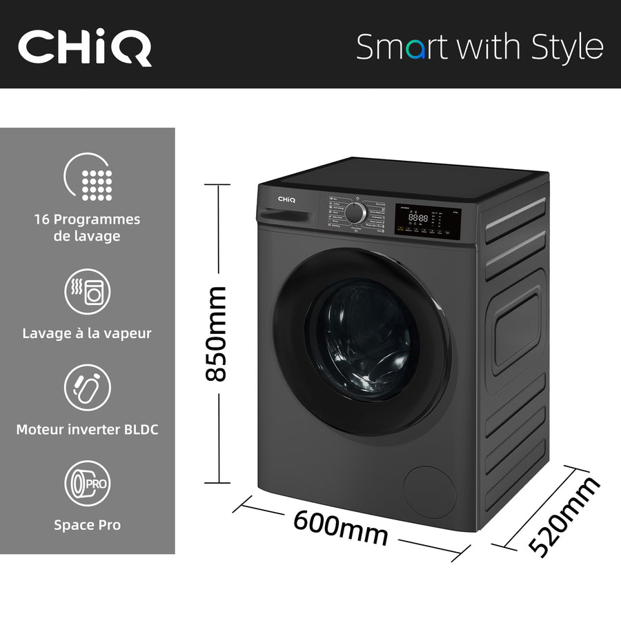 Lave-linge hublot CHiQ JW85883G 8 kg gris foncé, vue 2