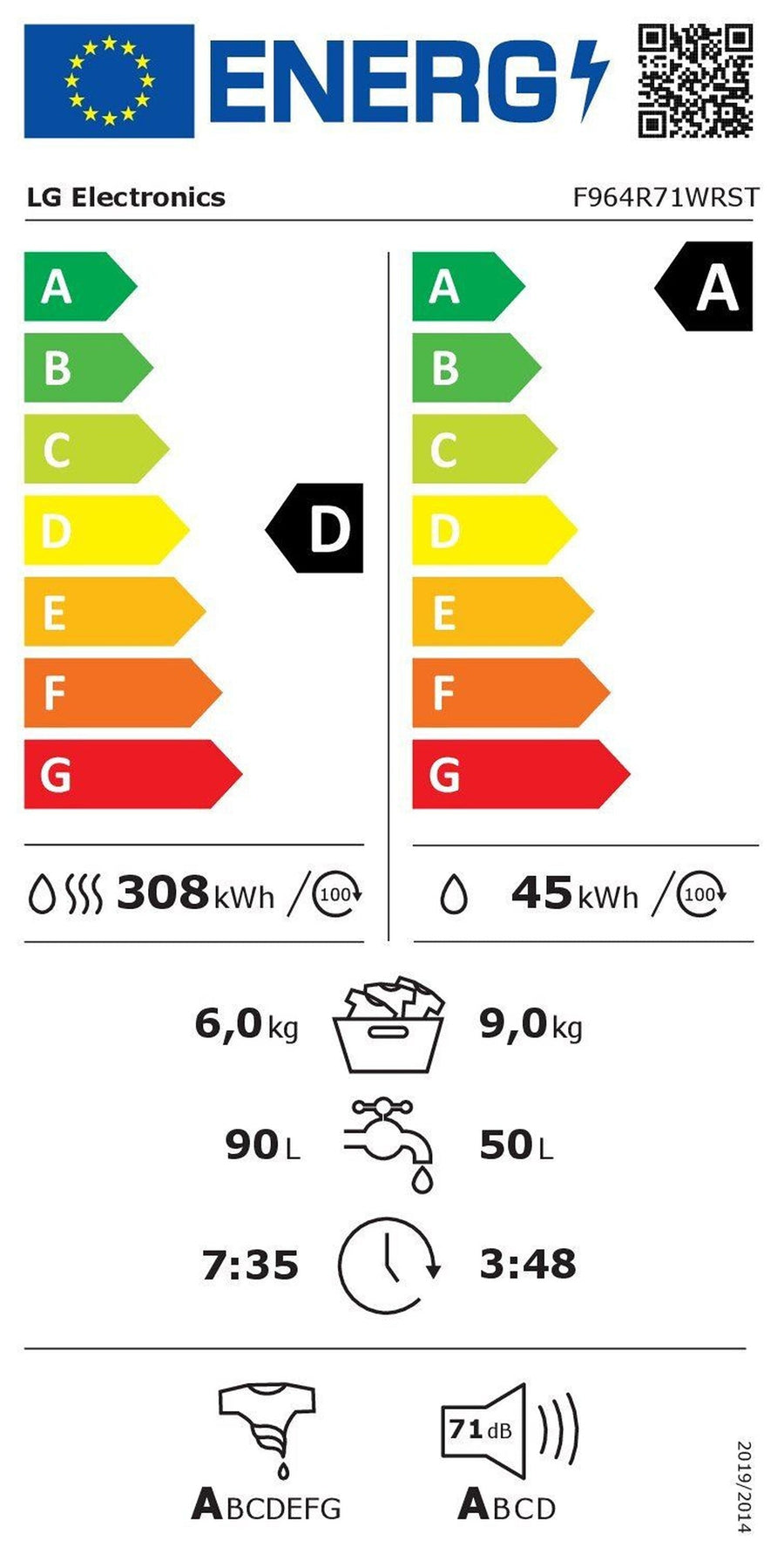 Lave-linge séchant blanc LG F964R71WRST 9 kg vu de face, vue 6