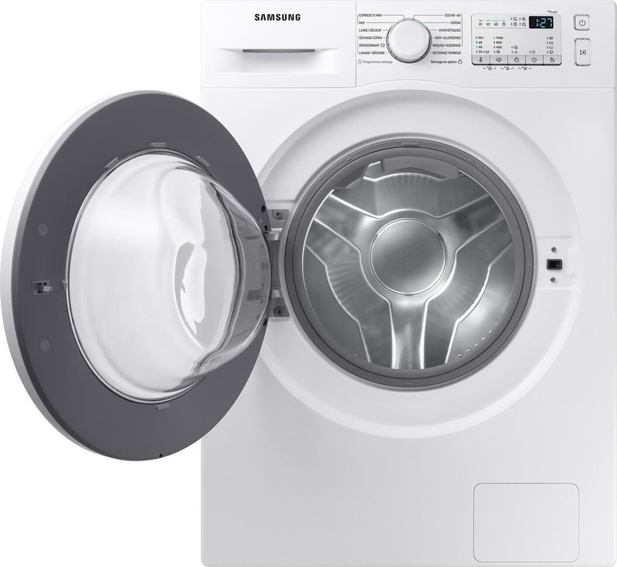Lave-linge séchant blanc Samsung WD80T4046EW 8 kg vu de face, vue 2