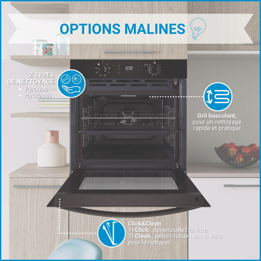 Four encastrable pyrolyse Indesit IO275PB en verre noir, 71 L, vue 5