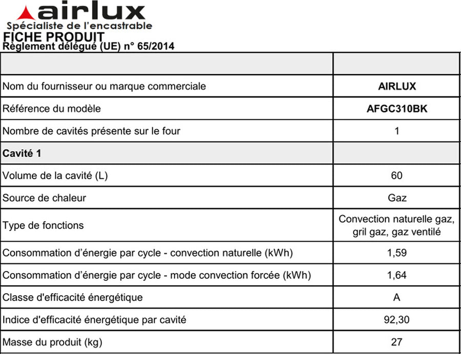 Four encastrable à gaz Airlux AFGC310BK noir à porte abattante, vue 4