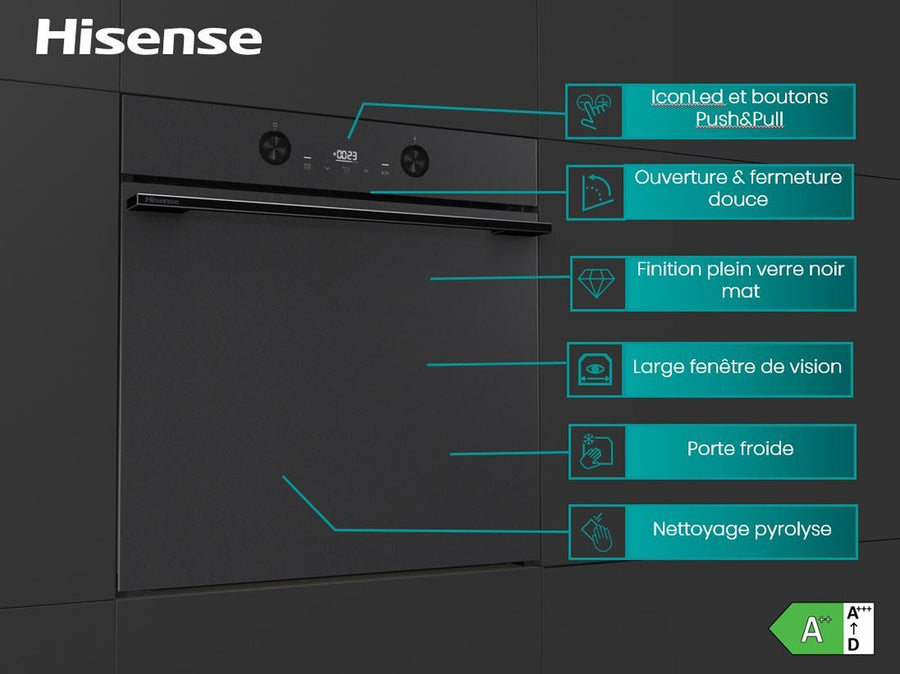 Four encastrable pyrolyse Hisense BI64223EPMB noir mat, bandeau en verre, vue 2