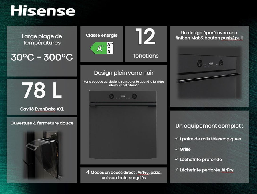 Four encastrable pyrolyse Hisense BI64223EPMB noir mat, bandeau en verre, vue 4
